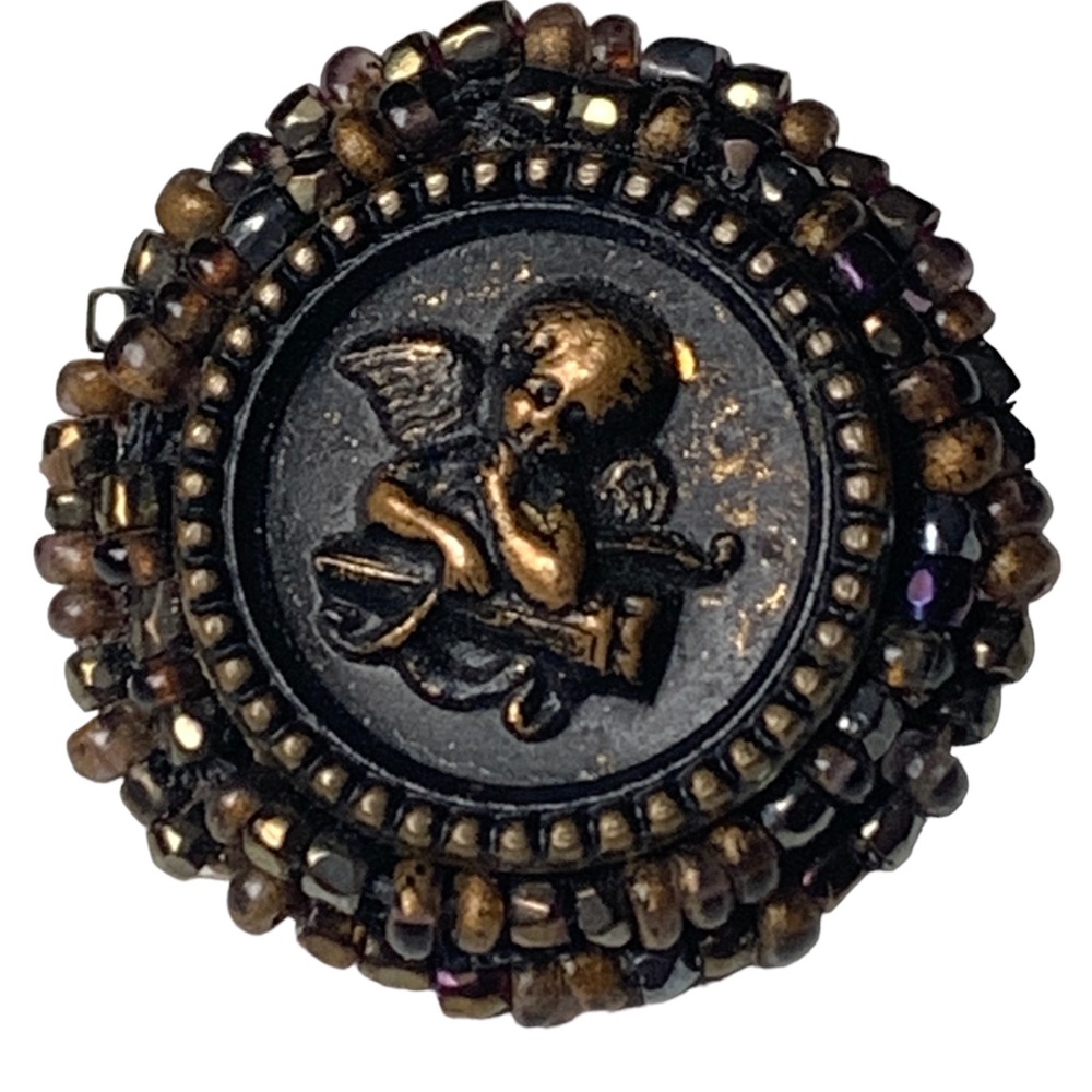Vintage Leather Metal Cherub Pierced Earrings Sparkly Beads Angels Jewelry